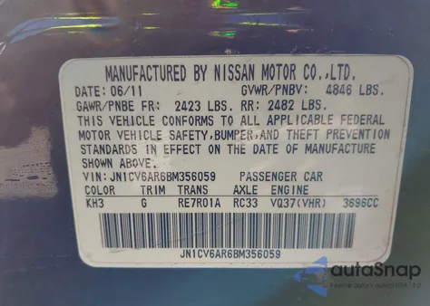 2011 Infiniti G37X z USA, uszkodzony, nr VIN JN1CV6AR6BM356059